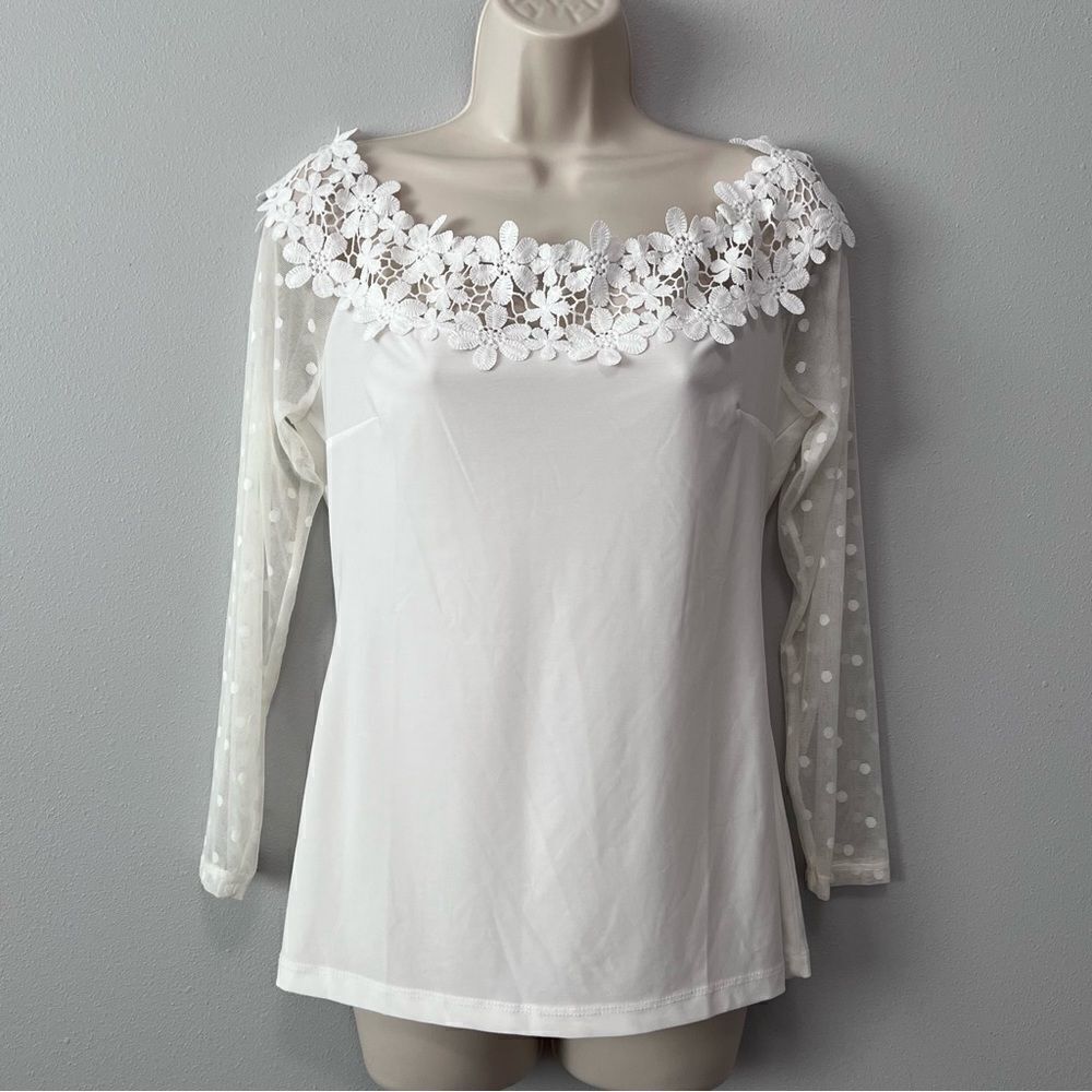 Venus Floral Lace Collar Long Sheer Sleeve Top Size L